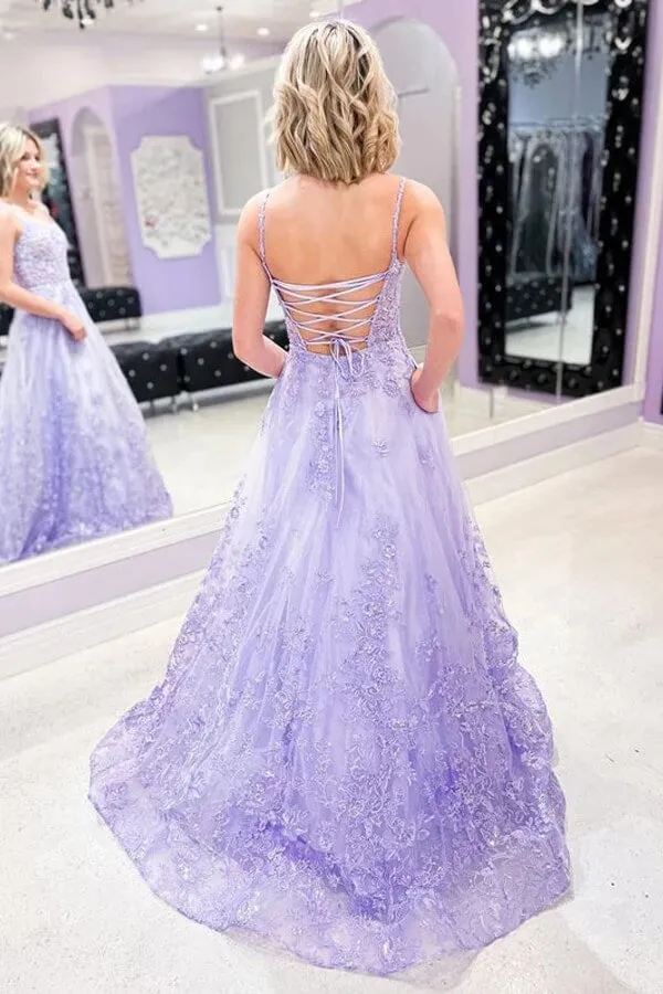 Lilac A-line Spaghetti Straps Prom Dresses With Lace Appliques, Evening Gown, SP825