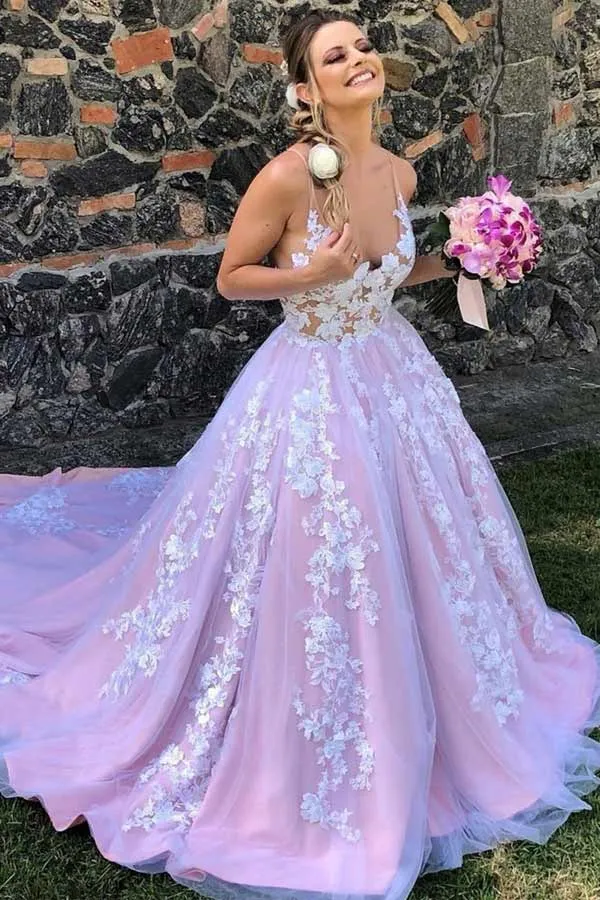 Lilac A-line V-neck Backless Lace Appliques Prom Dress, Evening Gown, SP892
