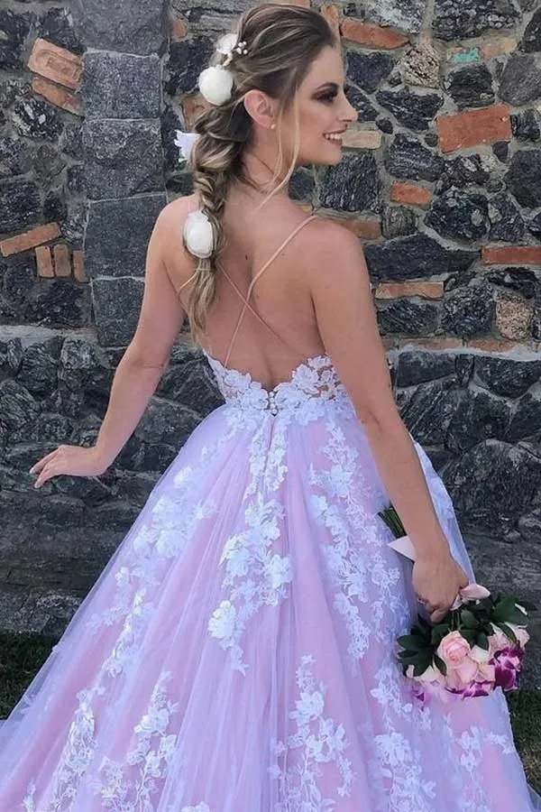 Lilac A-line V-neck Backless Lace Appliques Prom Dress, Evening Gown, SP892