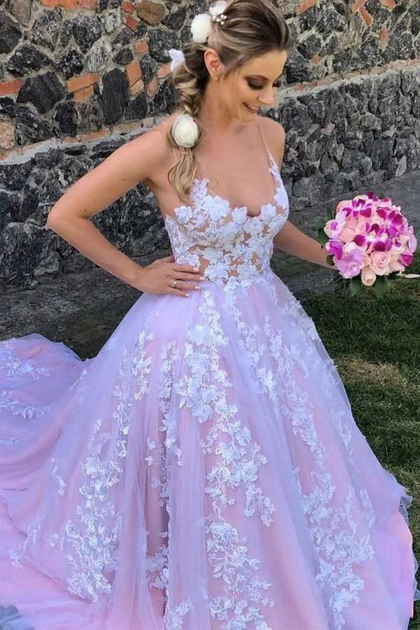 Lilac A-line V-neck Backless Lace Appliques Prom Dress, Evening Gown, SP892