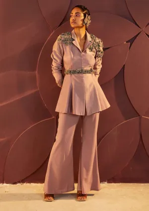 Lilac Embroidered Peplum Jacket And Pant Set