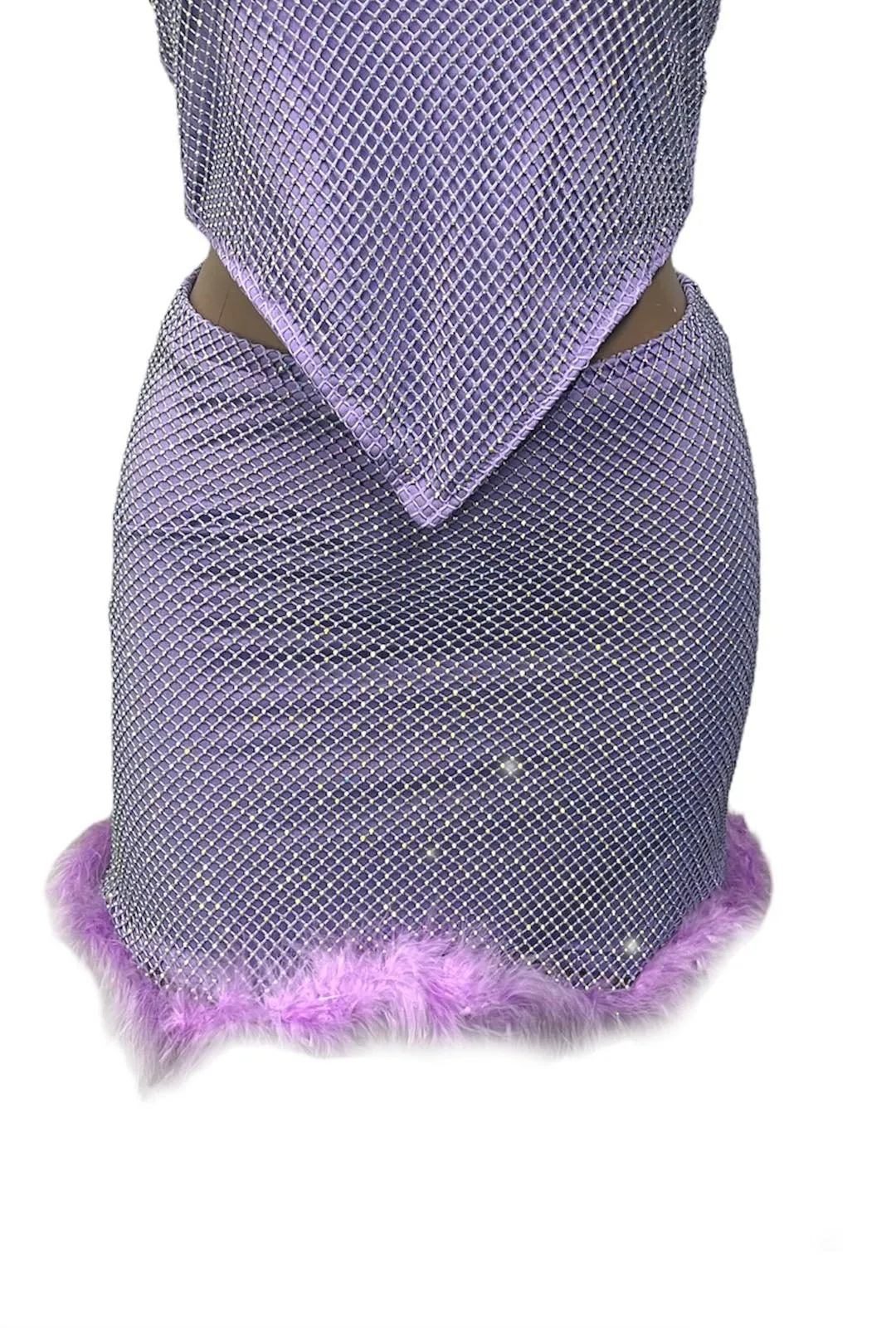 Lilac Rhinestone Mesh Skirt with Fluffy Trim