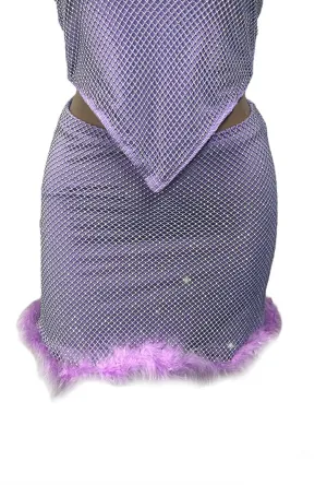 Lilac Rhinestone Mesh Skirt with Fluffy Trim