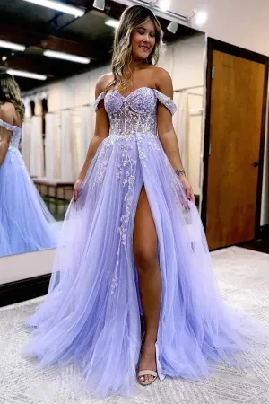 Lilac Tulle A-line Off Shoulder Long Prom Dresses With Lace Appliques, MP924