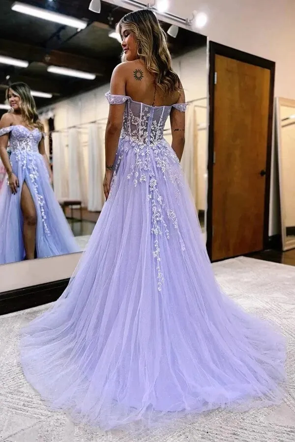 Lilac Tulle A-line Off Shoulder Long Prom Dresses With Lace Appliques, MP924