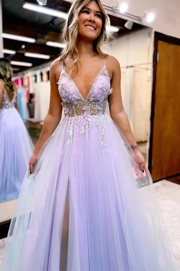 Lilac Tulle A-line V-neck Spaghetti Straps Long Prom Dresses With Slit, SLP011