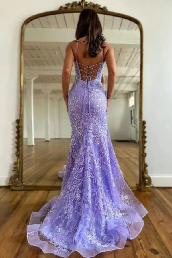 Lilac Tulle Mermaid Backless Bateau Neck Prom Dresses, Evening Dress, SLP018