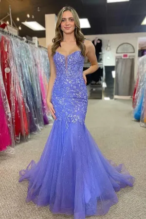 Lilac Tulle Mermaid Spaghetti Straps Long Prom Dresses With Appliques, MP940
