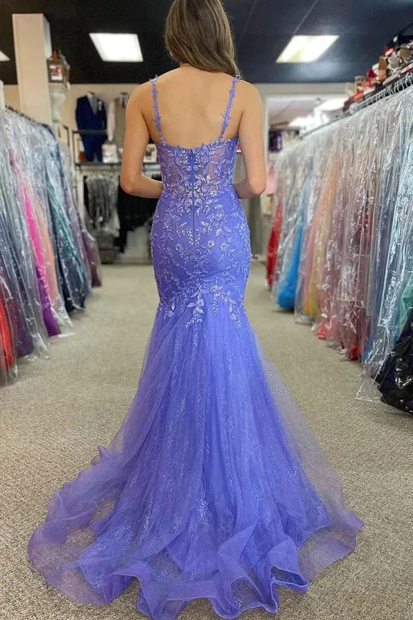 Lilac Tulle Mermaid Spaghetti Straps Long Prom Dresses With Appliques, MP940