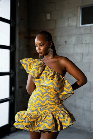 LILY African Print One Sleeve Ruffle  Mini Dress