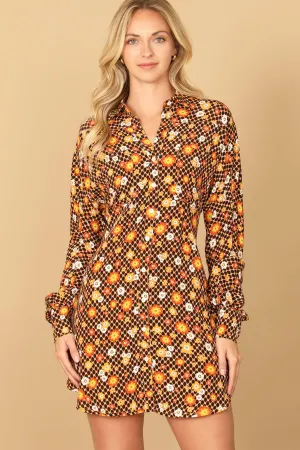 LONG SLEEVE BUTTON DOWN FLORAL MINI DRESS