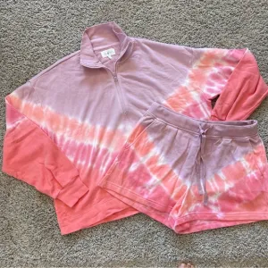 Lou &amp; Grey Tie Dye Half Zip Sweatshirt Sweat Shorts Set Lavender &amp; Salmon Medium