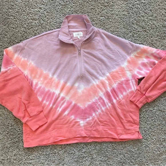 Lou &amp; Grey Tie Dye Half Zip Sweatshirt Sweat Shorts Set Lavender &amp; Salmon Medium