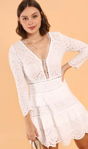 LUCIANA Tiered Eyelet Dress (White)