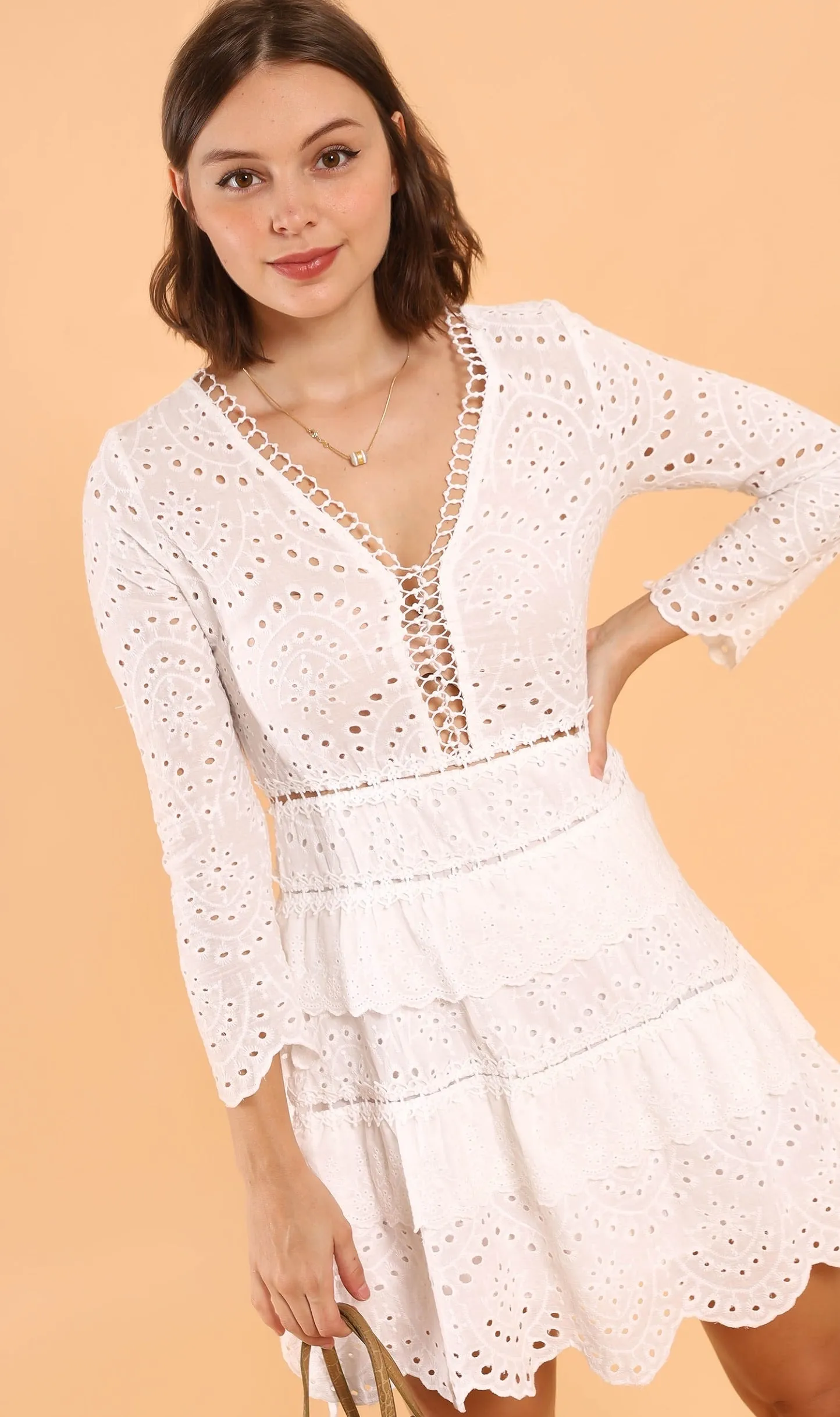 LUCIANA Tiered Eyelet Dress (White)