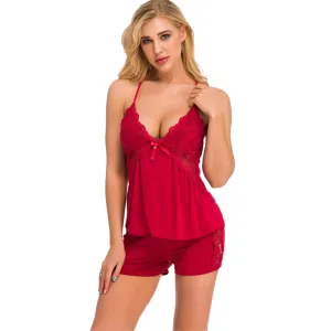 Luna Bliss Lace Trim Satin Cami & Shorts Loungewear Set