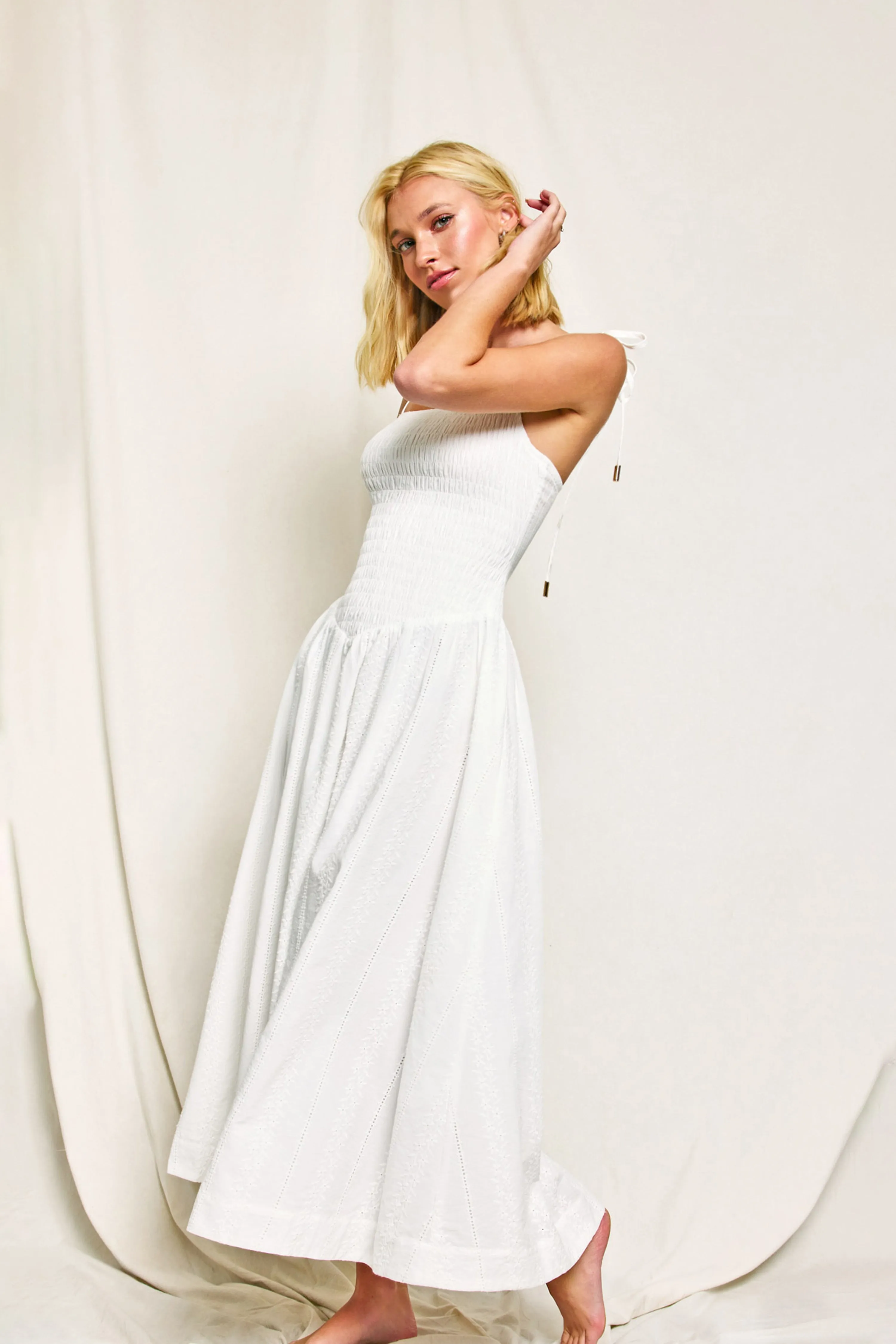 Luna Eyelet Chevron Waist Midi Dress