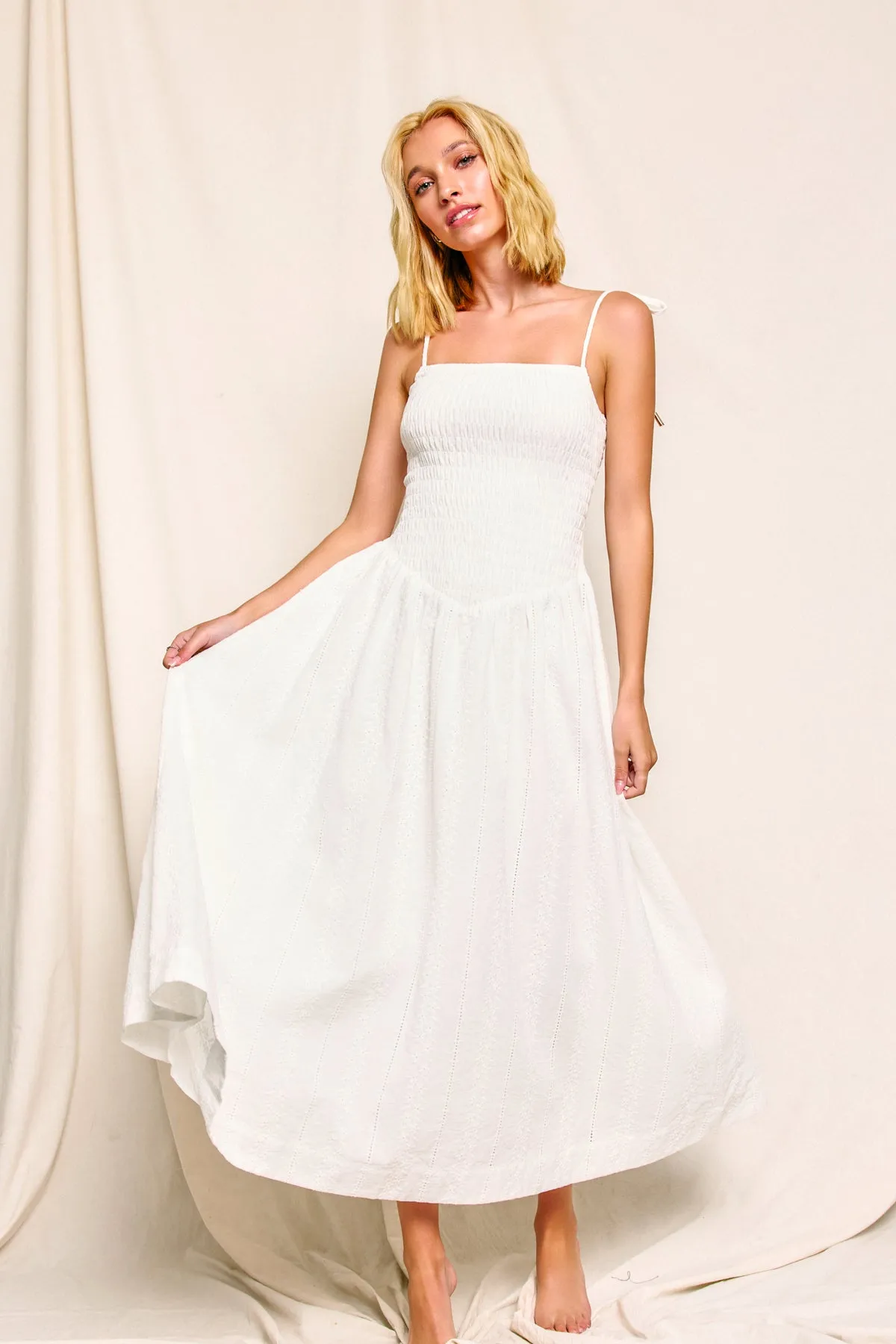 Luna Eyelet Chevron Waist Midi Dress