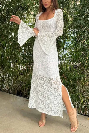 Luxe Lifestyle Lace Square Neck Bell Sleeve Lined Slit Midi Dress