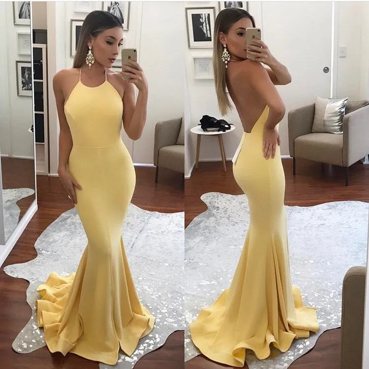 MACloth Mermaid Halter Jersey Long Prom Dress Pink/Yellow Formal Gown
