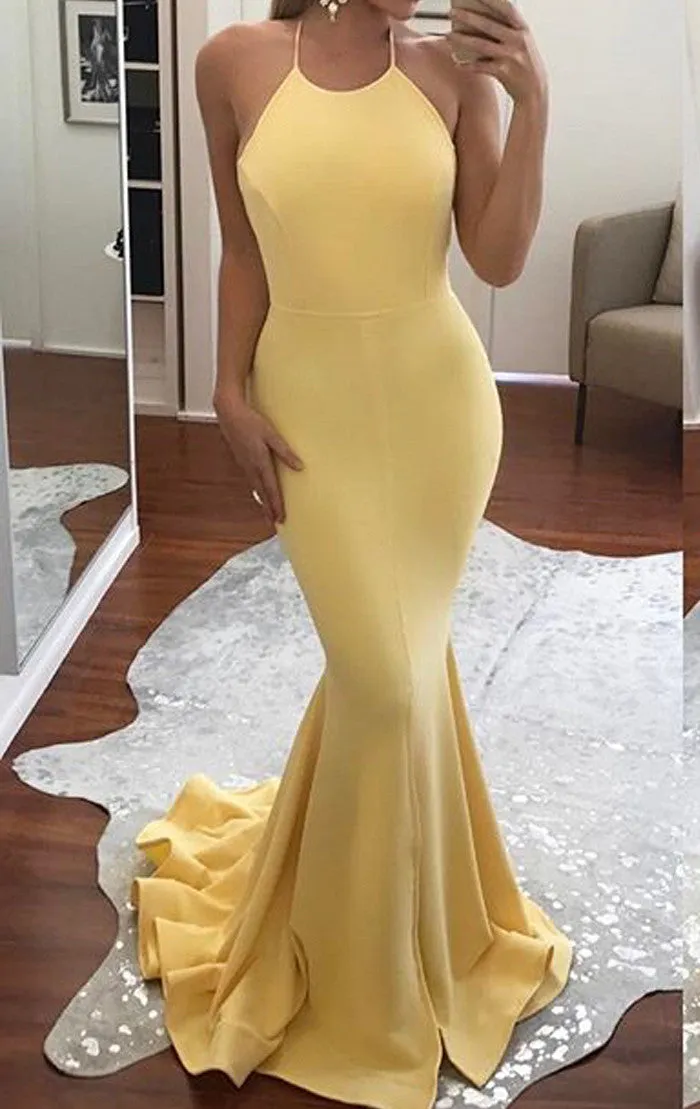 MACloth Mermaid Halter Jersey Long Prom Dress Pink/Yellow Formal Gown