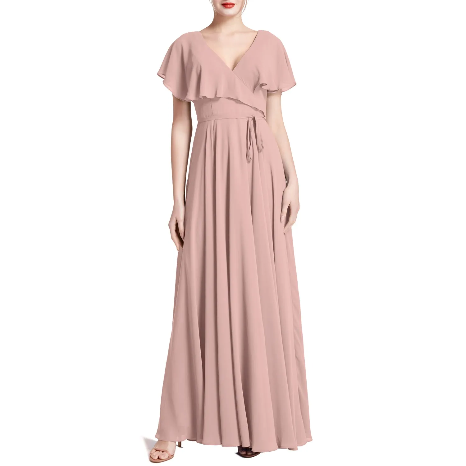 MACloth Women V Neck Ruffle BatWing Short Sleeve Maxi Wedding Bridesmaid Dresses