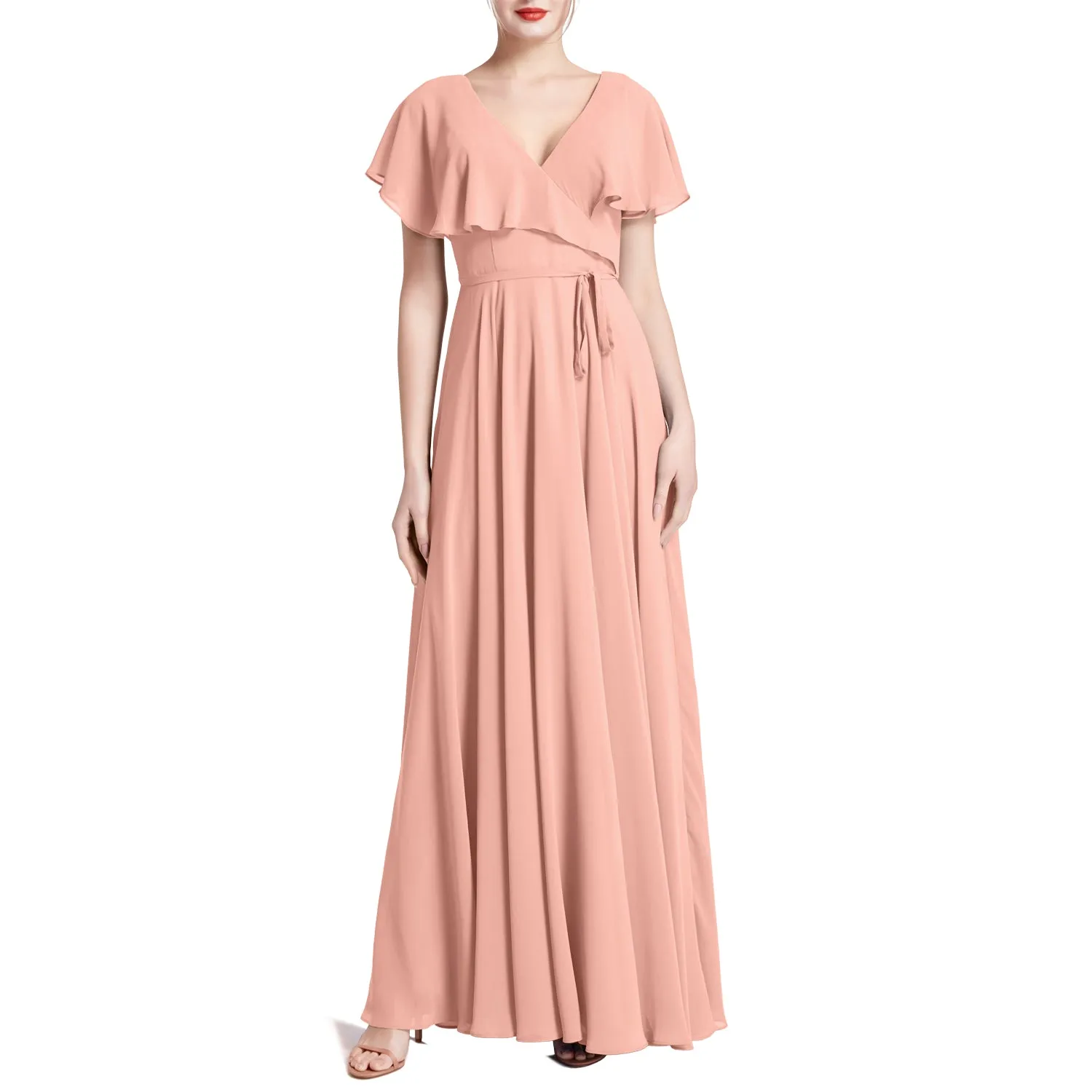 MACloth Women V Neck Ruffle BatWing Short Sleeve Maxi Wedding Bridesmaid Dresses