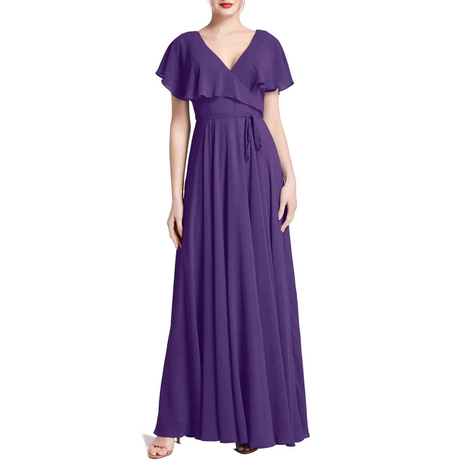 MACloth Women V Neck Ruffle BatWing Short Sleeve Maxi Wedding Bridesmaid Dresses