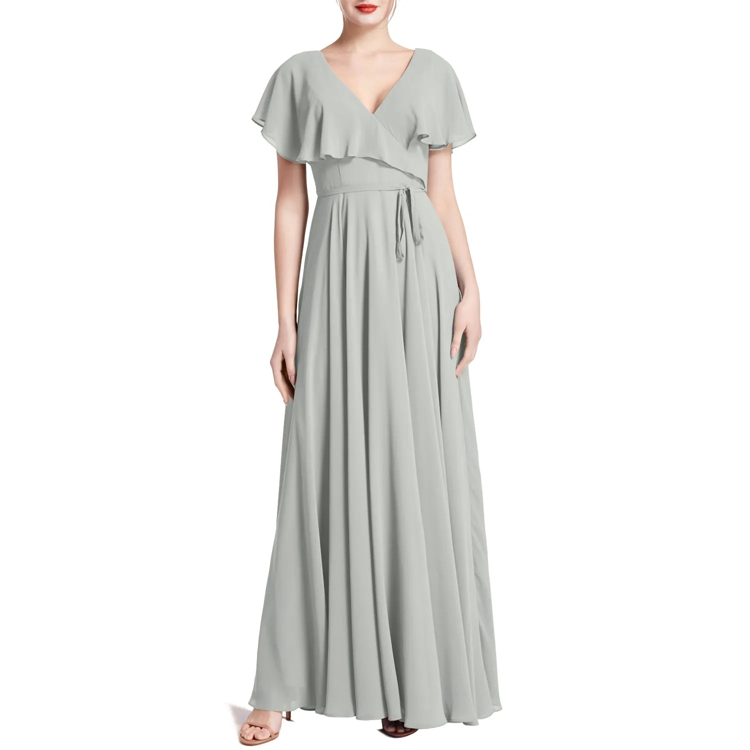 MACloth Women V Neck Ruffle BatWing Short Sleeve Maxi Wedding Bridesmaid Dresses