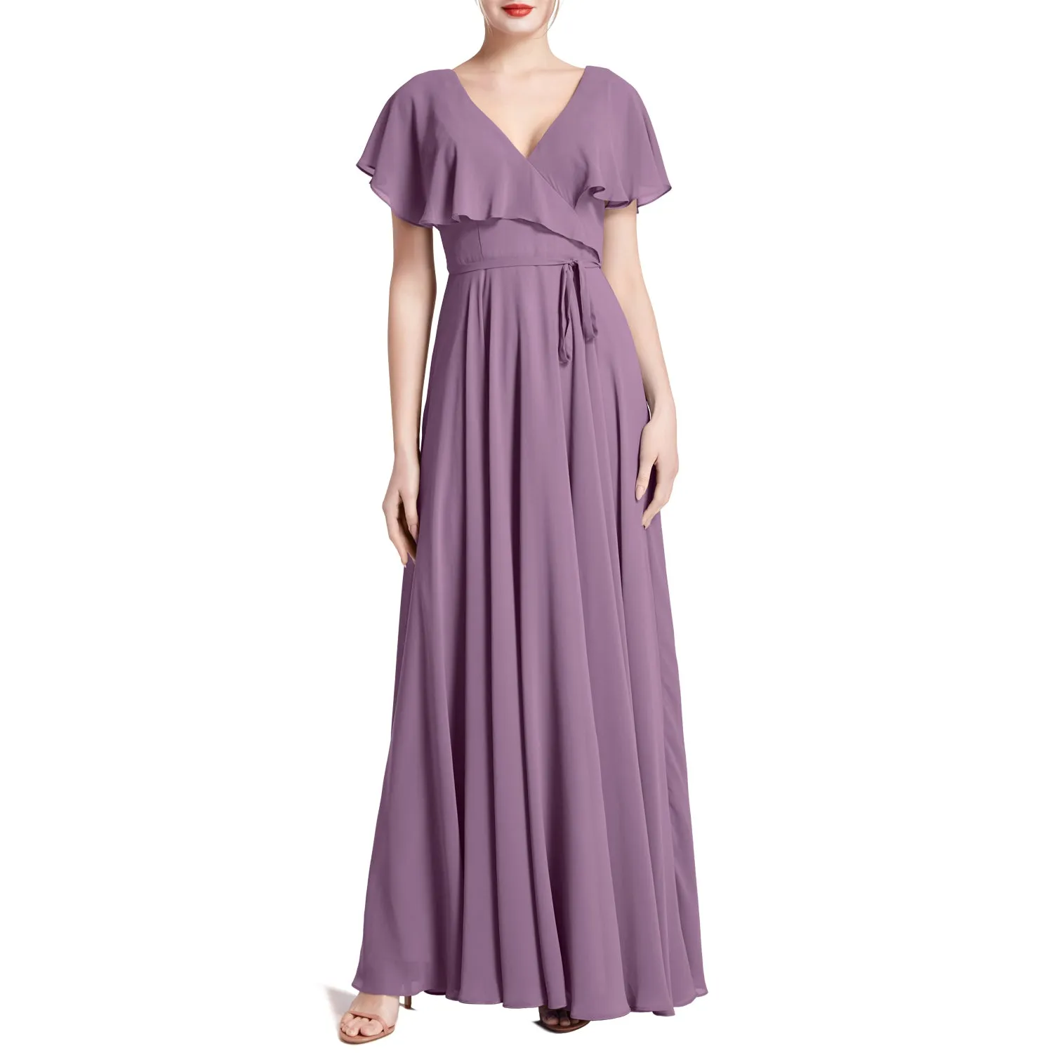 MACloth Women V Neck Ruffle BatWing Short Sleeve Maxi Wedding Bridesmaid Dresses