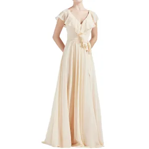 MACloth Women V Neck Ruffle Cap Sleeves Long Bridesmaid Dresses