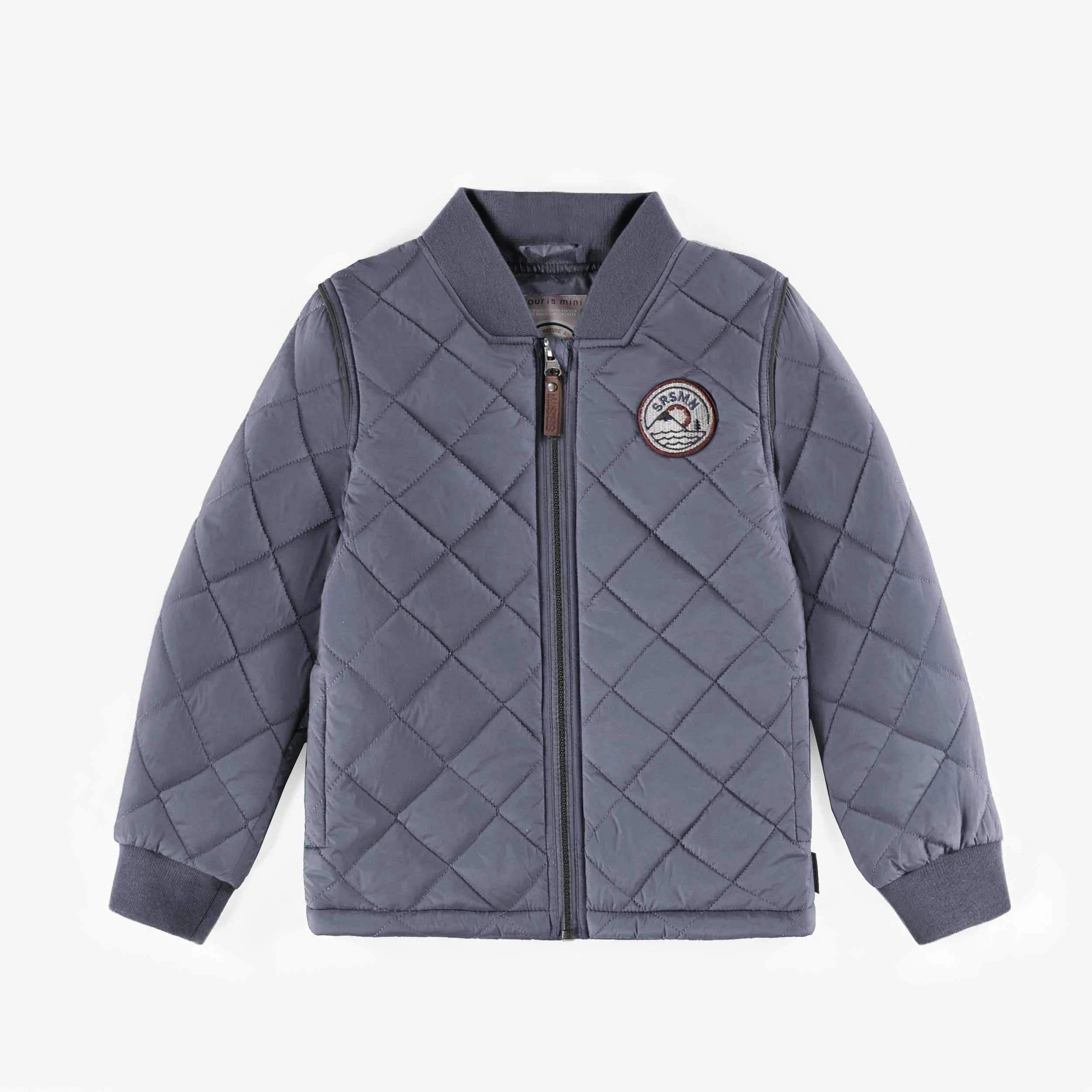 Manteau bleu acier matelassé en nylon, enfant || Steel blue coat in quilted nylon, child