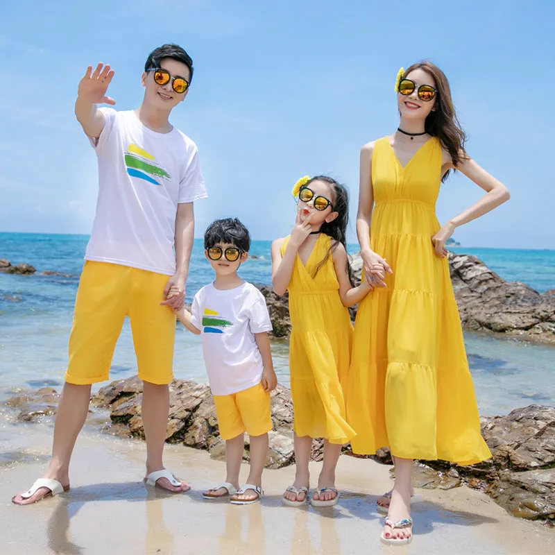 Matching Family Yellow Beach Outfits  Summer Vacation Dresses & Shorts Set