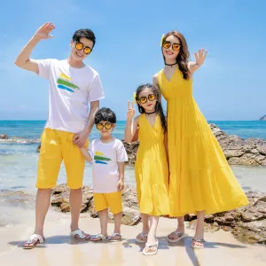 Matching Family Yellow Beach Outfits  Summer Vacation Dresses & Shorts Set