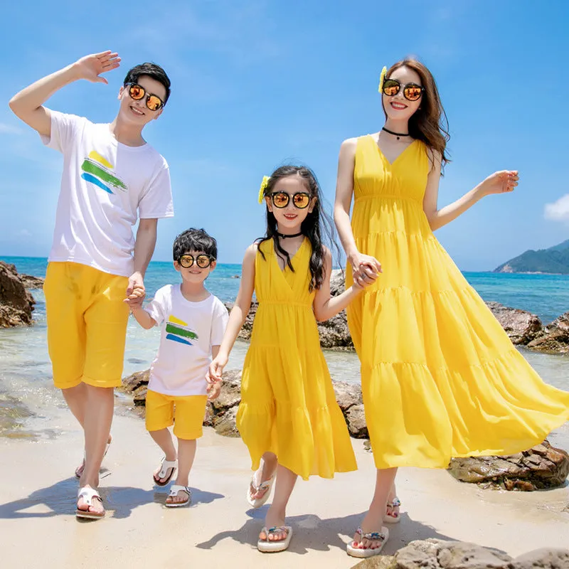 Matching Family Yellow Beach Outfits  Summer Vacation Dresses & Shorts Set