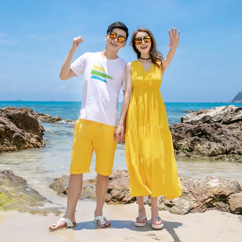 Matching Family Yellow Beach Outfits  Summer Vacation Dresses & Shorts Set