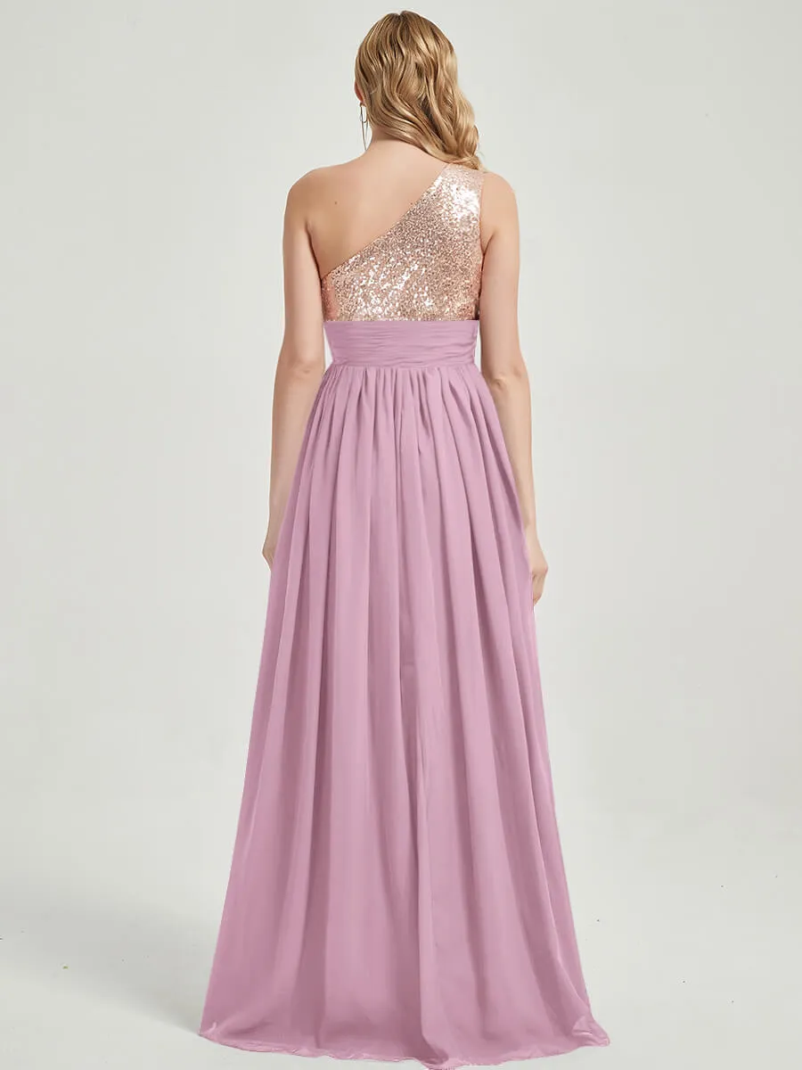 Mauve One-Shoulder Sequin Chiffon Maxi Bridesmaid Dress for Party
