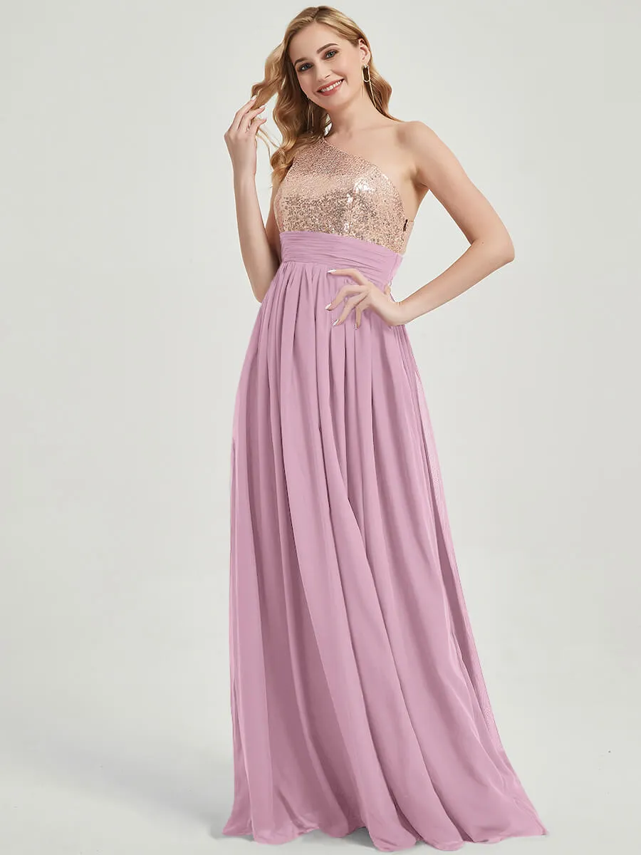 Mauve One-Shoulder Sequin Chiffon Maxi Bridesmaid Dress for Party