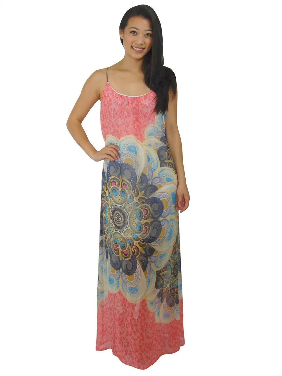 Maxi Dress Sleeveless Chiffon Coral Pink Paisley