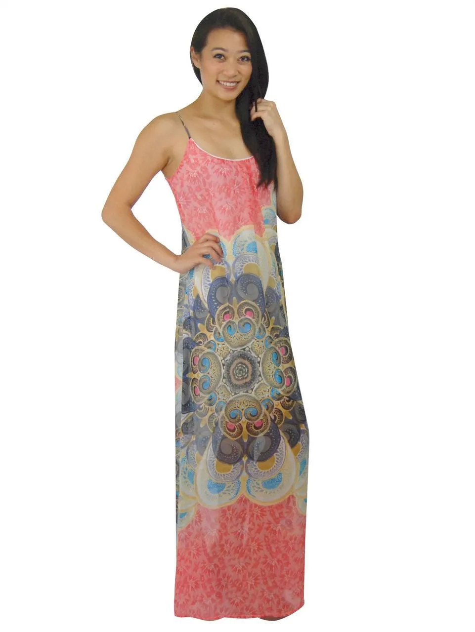 Maxi Dress Sleeveless Chiffon Coral Pink Paisley