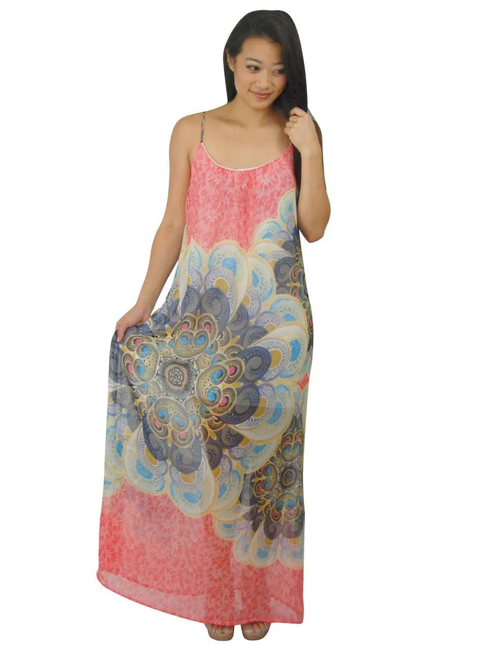 Maxi Dress Sleeveless Chiffon Coral Pink Paisley