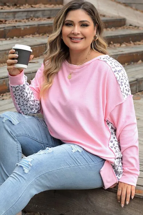 Maycee Plus Size Leopard Exposed Seam Long Sleeve Sweatshirt