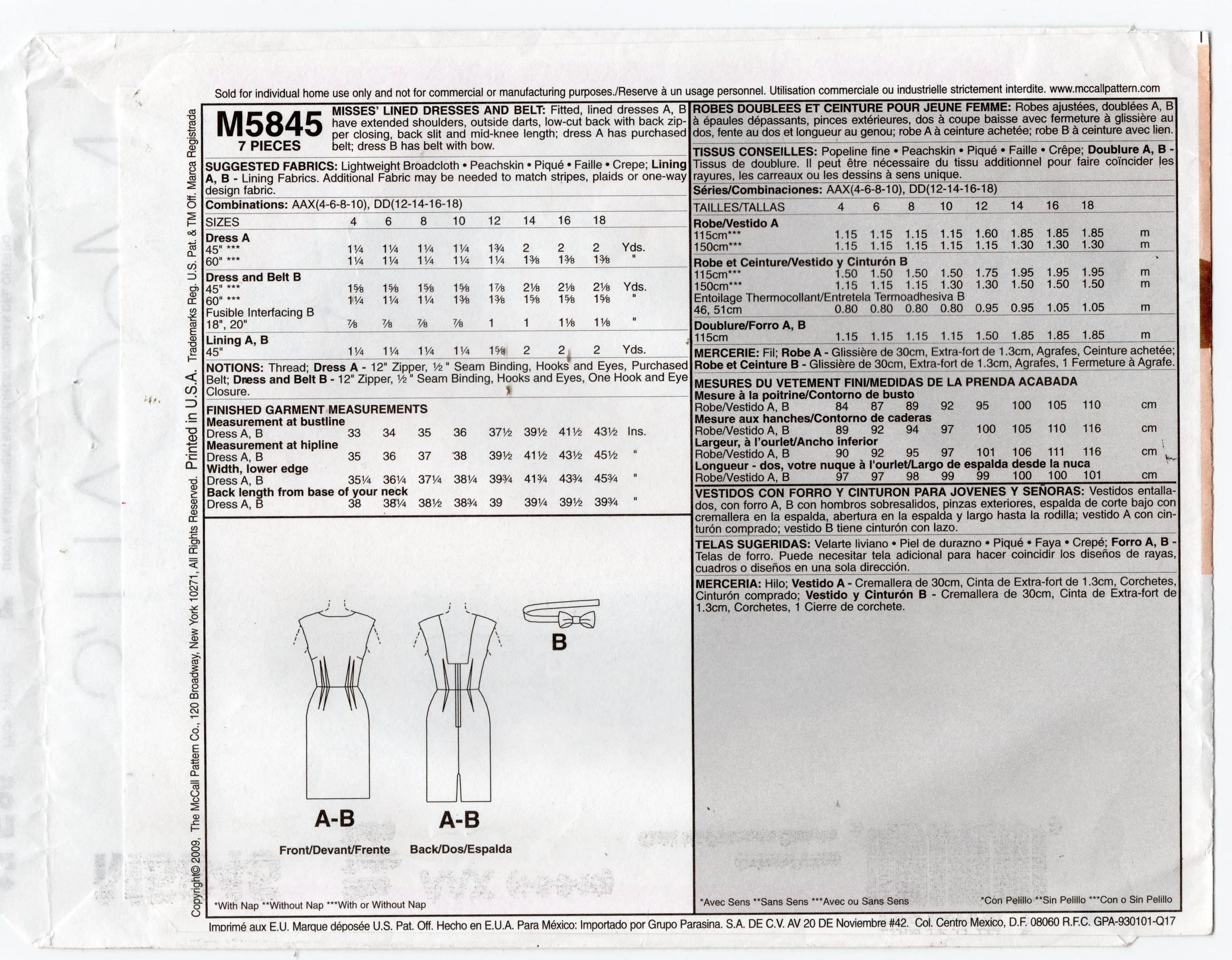 McCall's 5845 Womens Lined Dress with Outside Darts & Belt Out Of Print Sewing Pattern Sizes 4 - 10 UNCUT Factory Folded