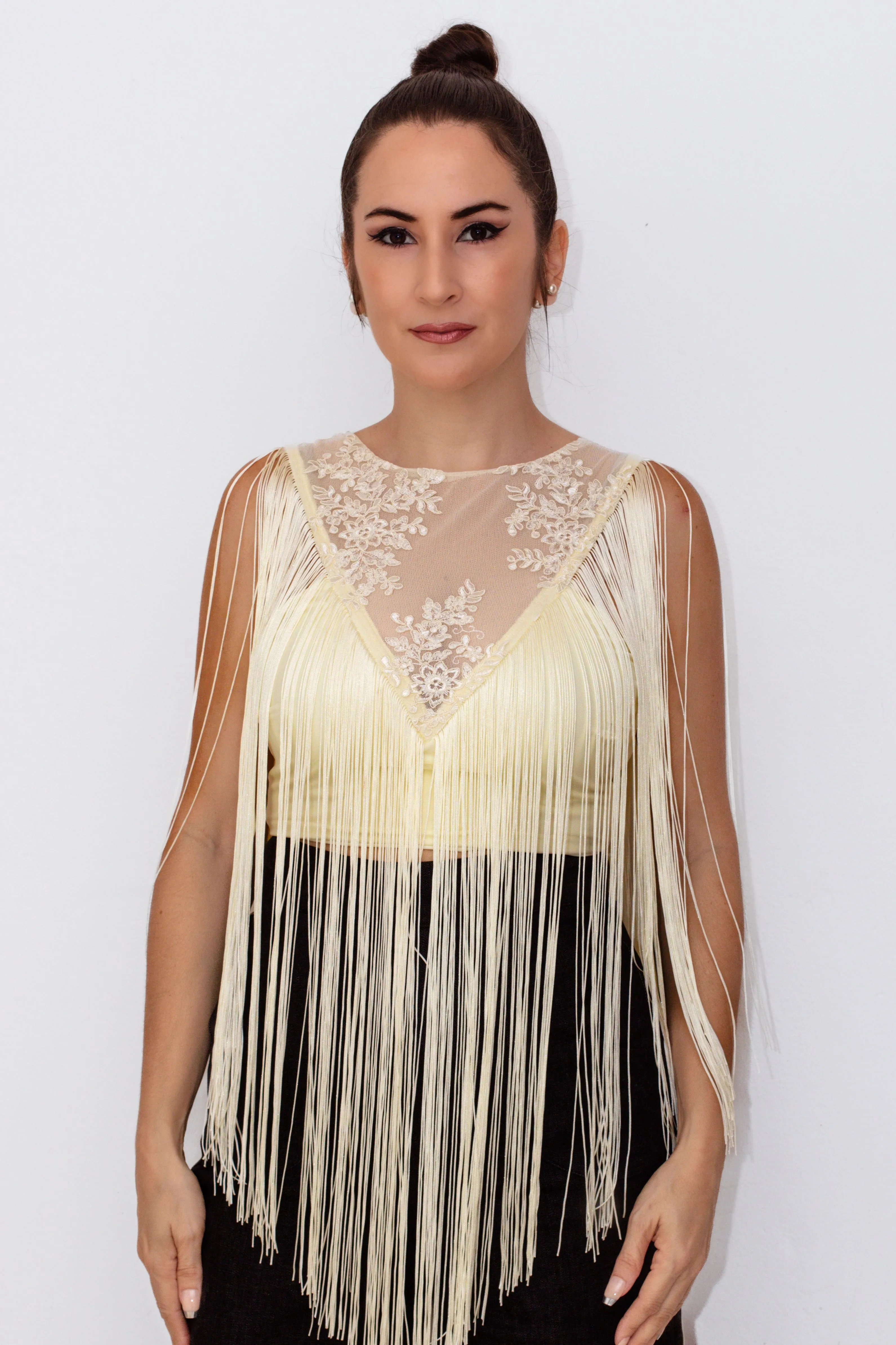 MEDIUM Fancy Lace & Fringes Crop Top in Ivory
