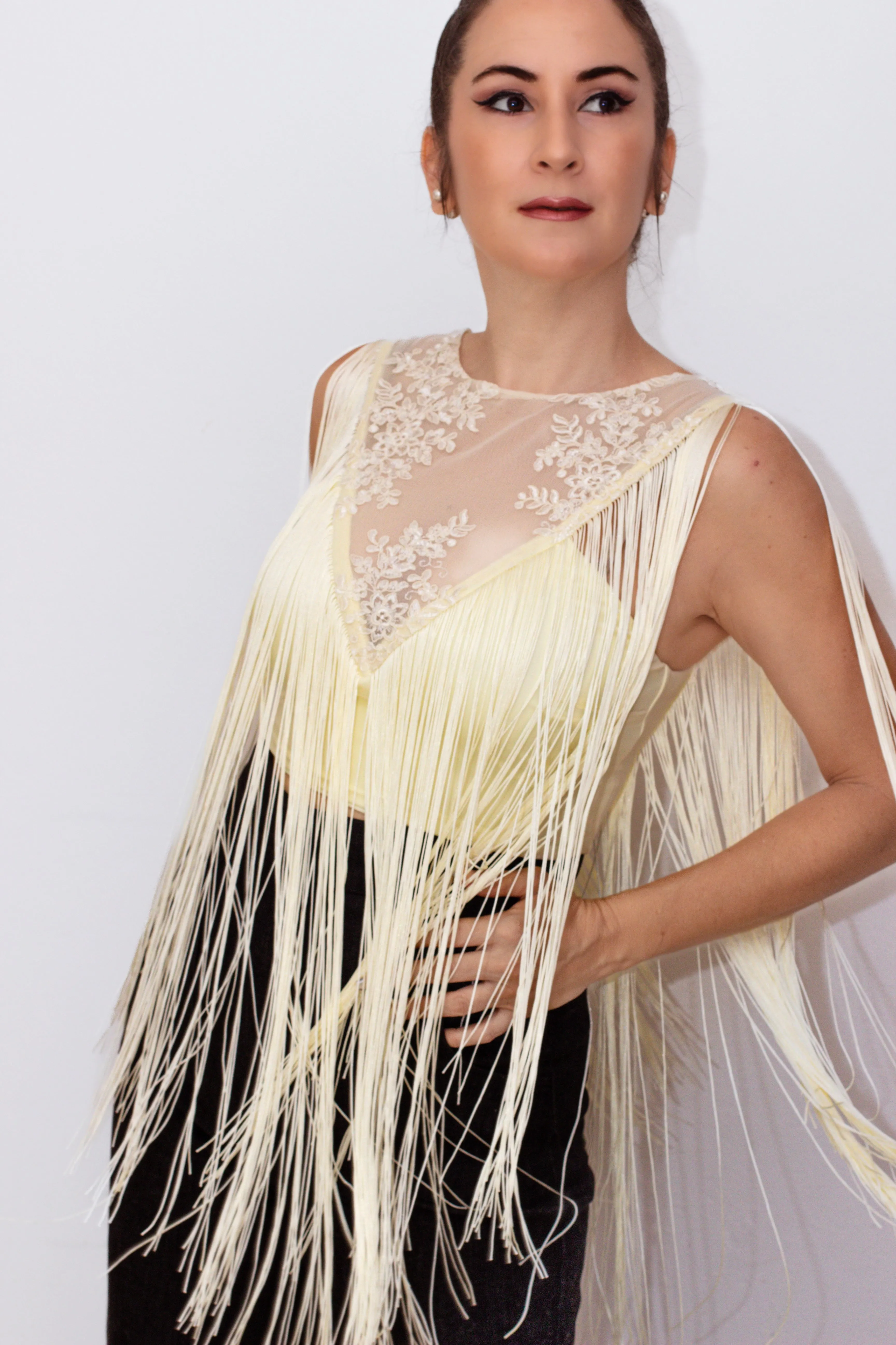 MEDIUM Fancy Lace & Fringes Crop Top in Ivory