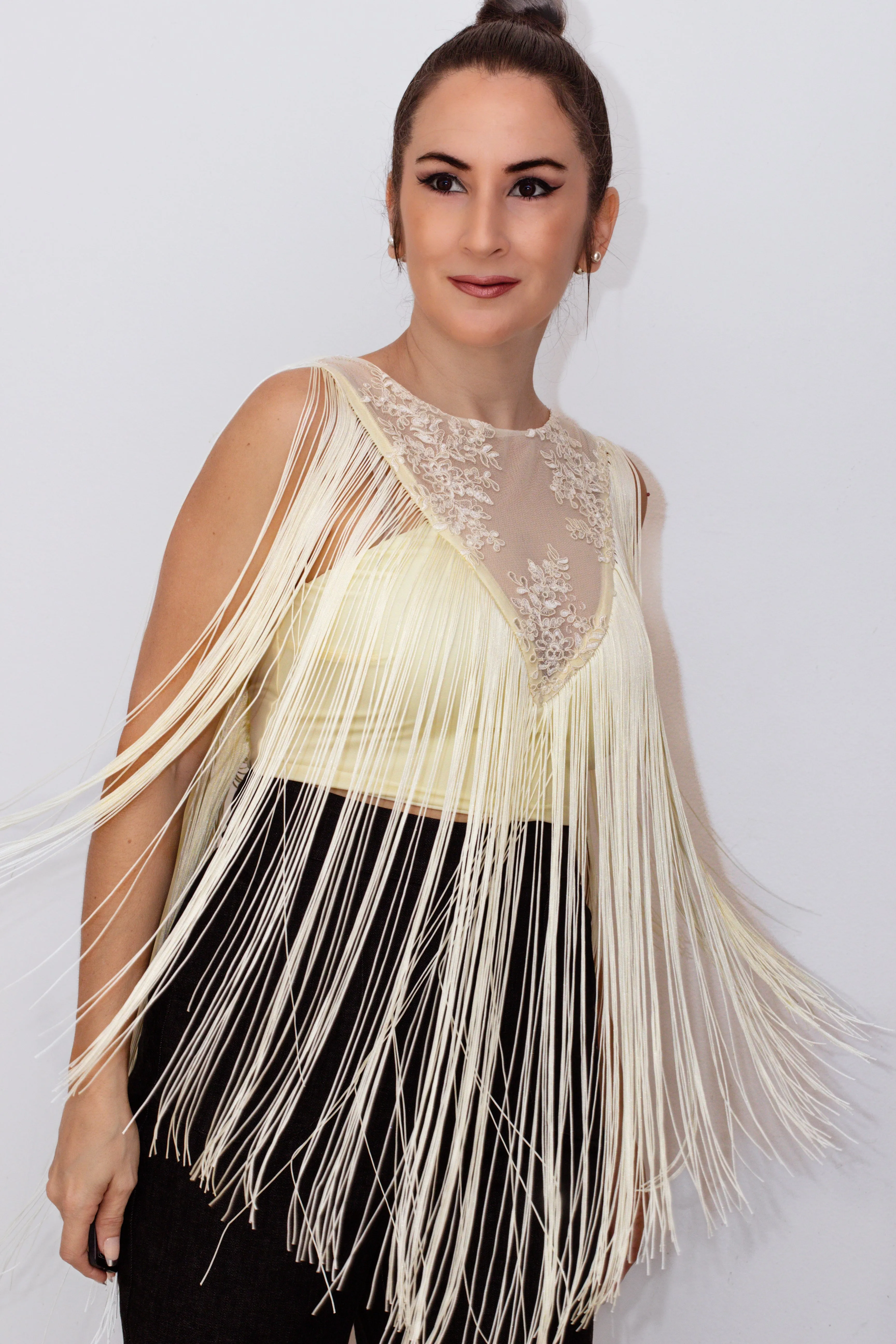 MEDIUM Fancy Lace & Fringes Crop Top in Ivory