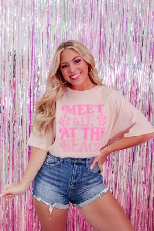 Meet Me At The Beach Crop Graphic Tee - Cream Pink