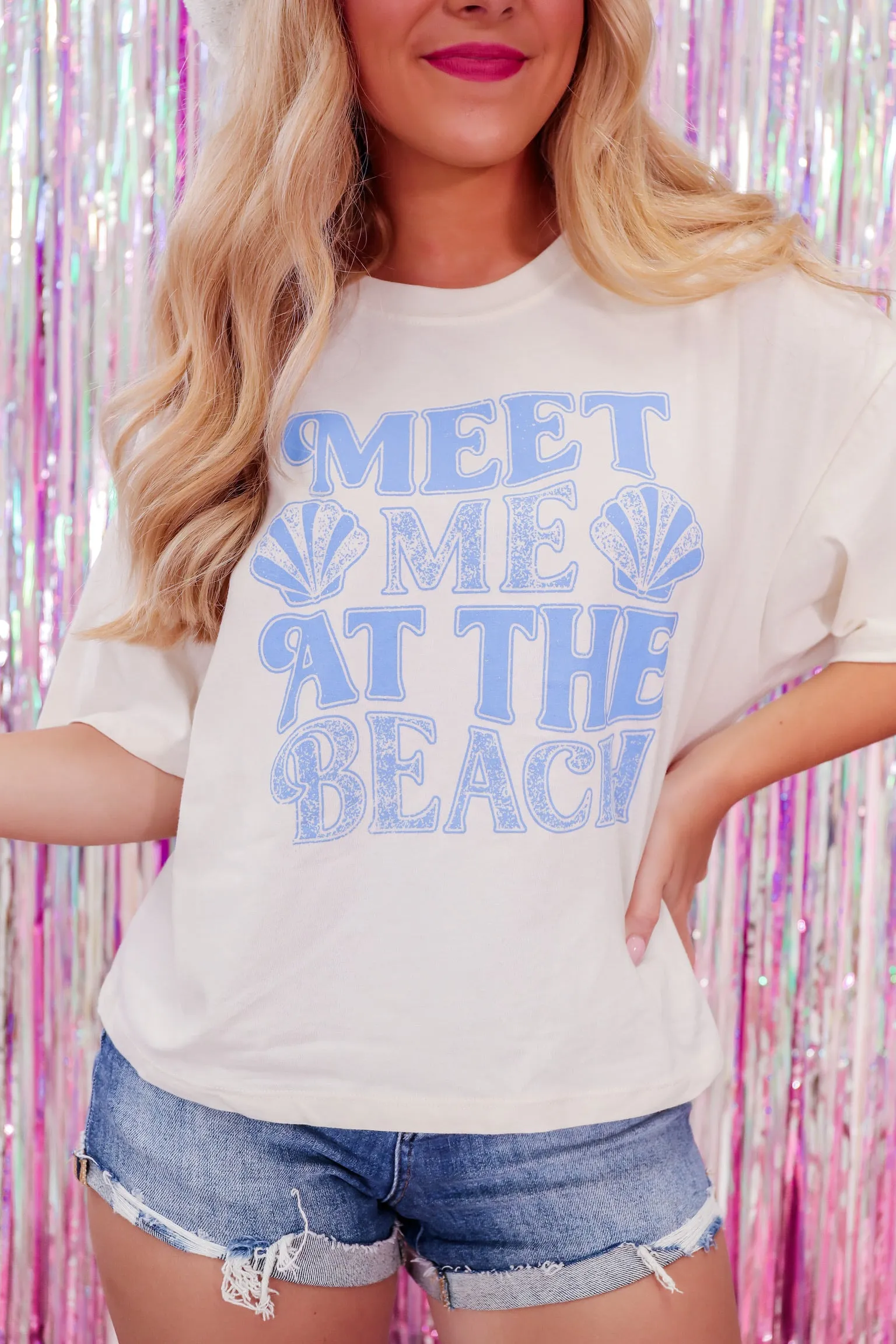 Meet Me At The Beach Crop Graphic Tee - Vintage White