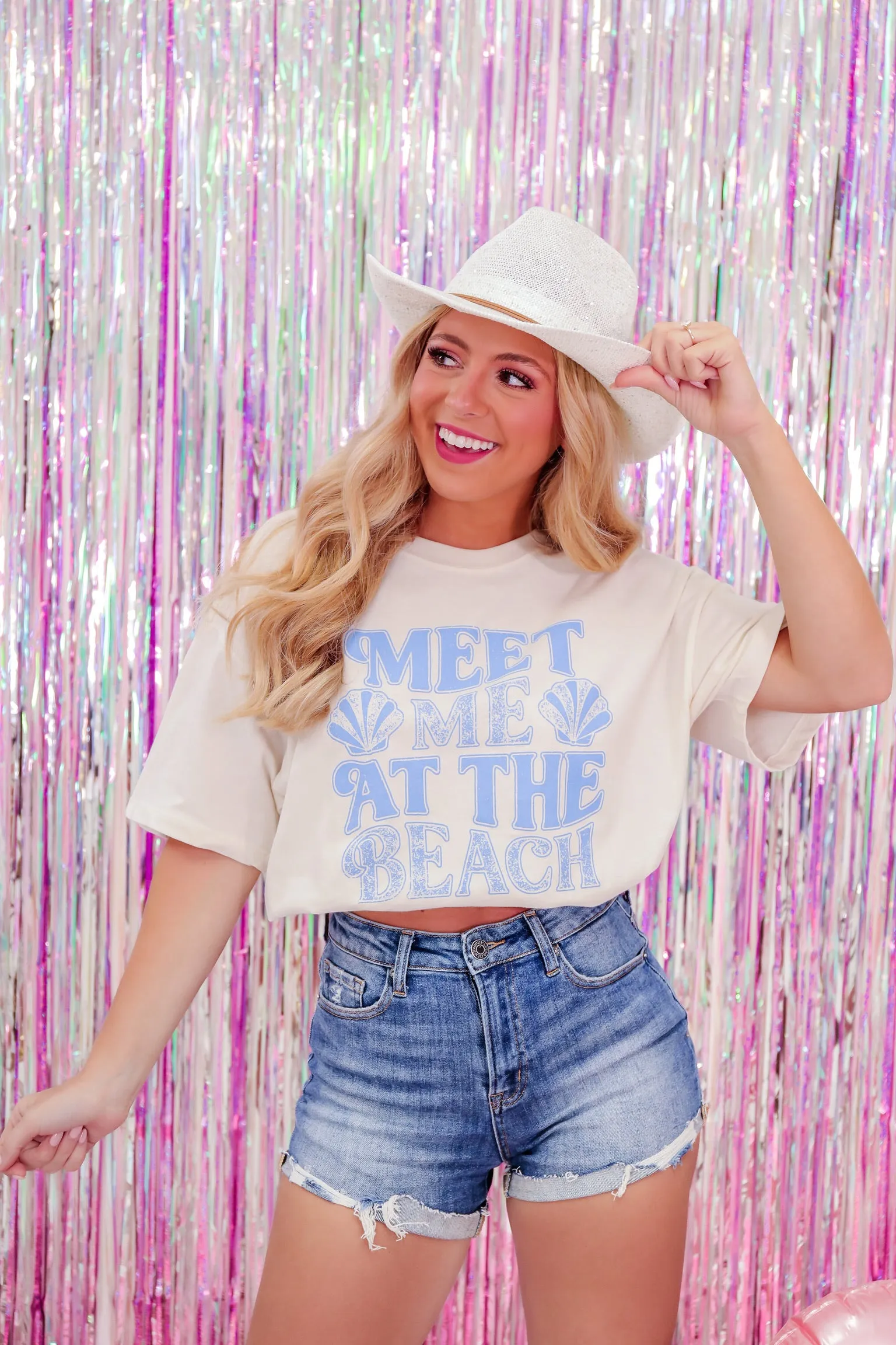Meet Me At The Beach Crop Graphic Tee - Vintage White