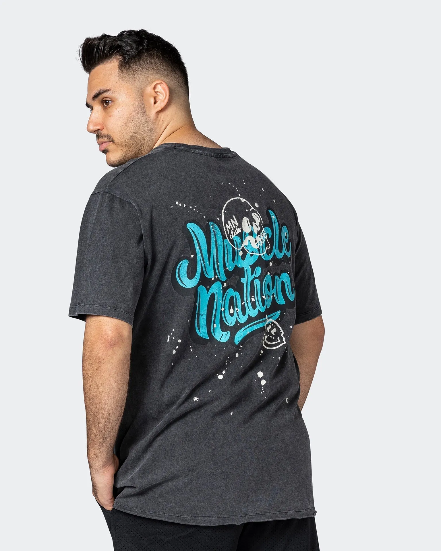 Mens Graffiti Tag Oversized Vintage Tee - Washed Black / Capri Blue